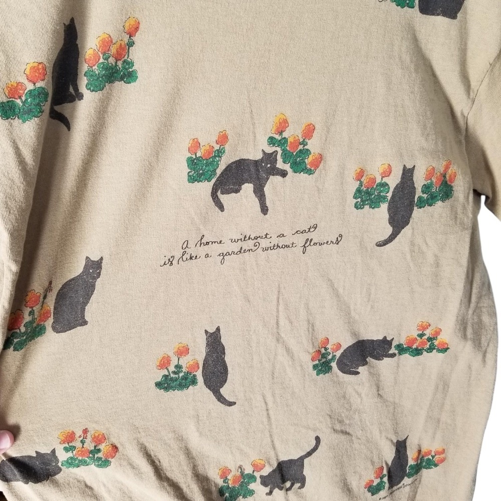 Vintage Painted Lady Cat Flower Cat Lady TShirt Tan Womens Medium USA Made - Picture 2 of 7